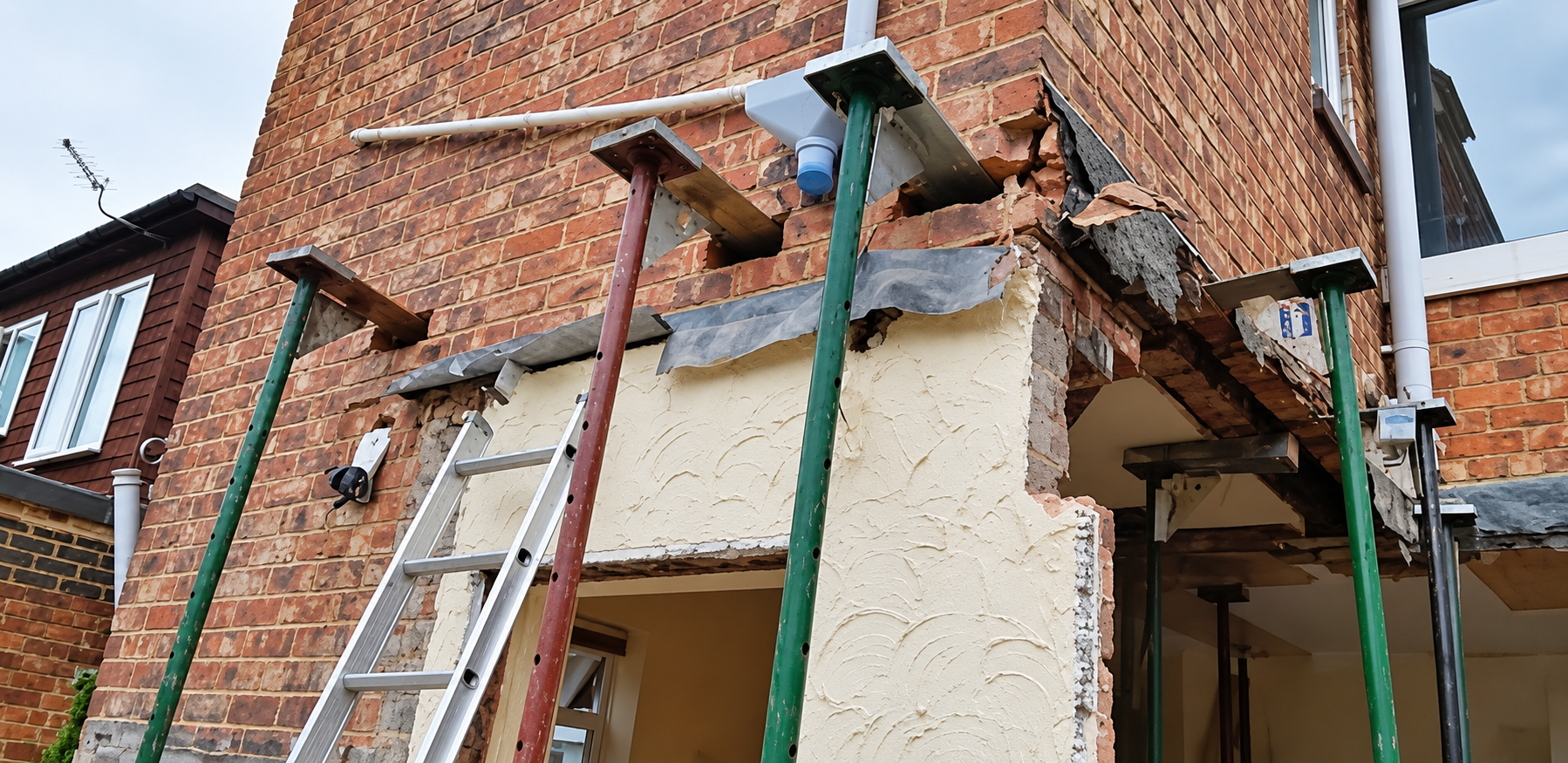 Acrow props supporting a load bearing wall on a brick house in North Tyneside